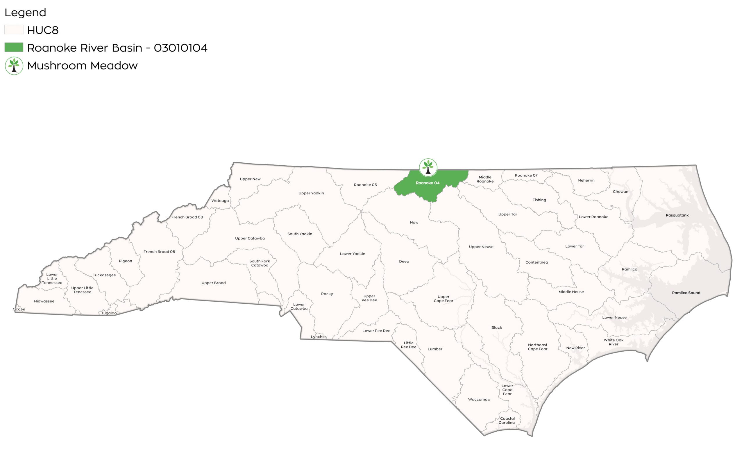 North Carolina HUC Map with Mushroom Meadow Stream and Wetland Site mapped - Eco Terra