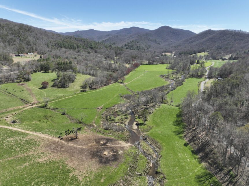 Overview drone image of Mill Creek Mitigation Bank in Hiwassee, GA in TN-02 river basin by Eco Terra