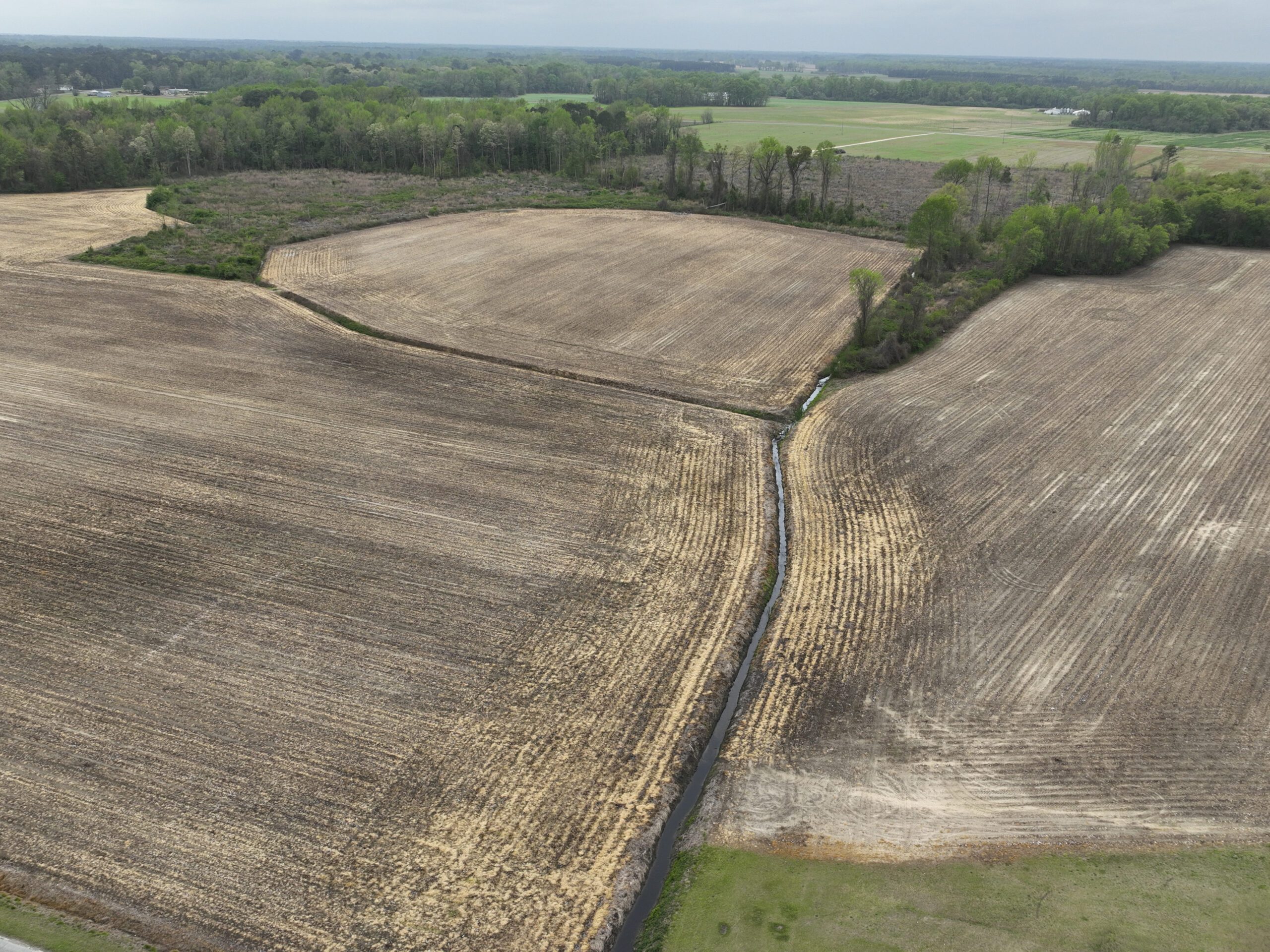 Close up aerial image of Acorn Mitigation Site in the Neuse river basin in North Carolina for Eco Terra