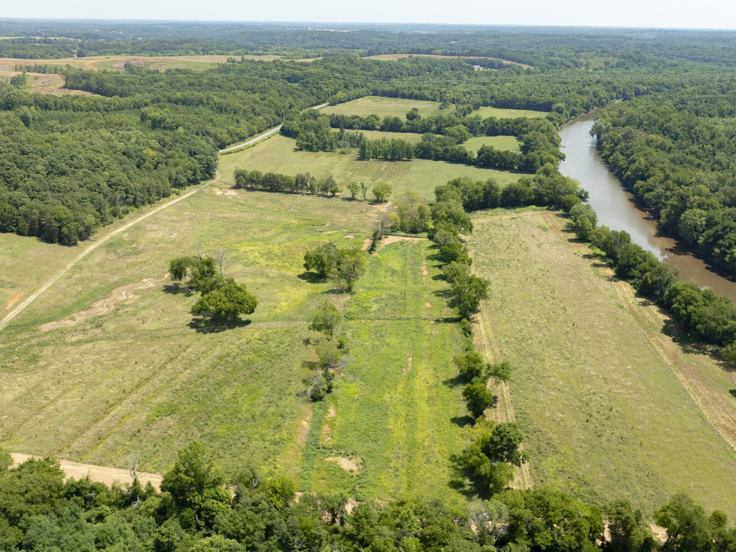 Overview drone image of Mushroom Meadow Stream and Wetland Mitigation Site in Milton, North Carolina in RO-04 river basin by Eco Terra