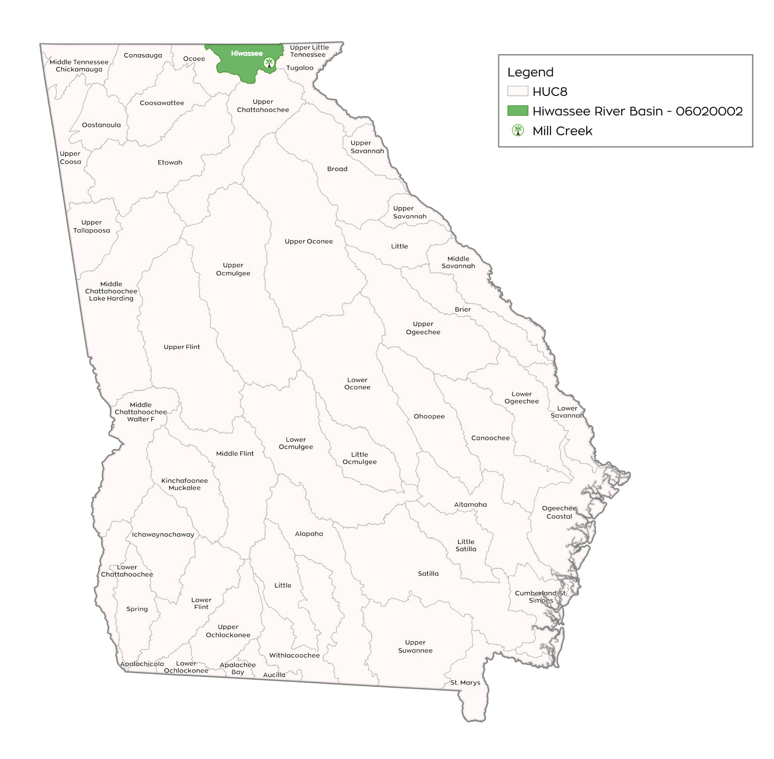 Map of Mill Creek in the Hiwassee river basin in Georgia - map by Eco Terra