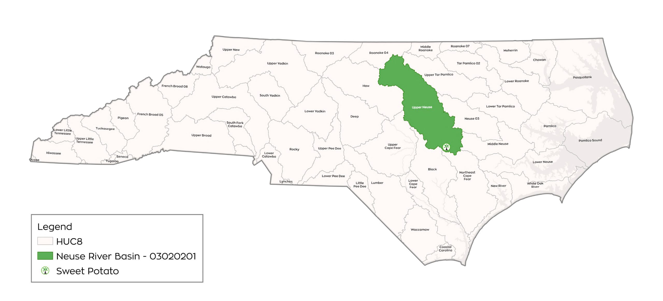 Map of Sweet Potato in the Neuse river basin in North Carolina - map by Eco Terra