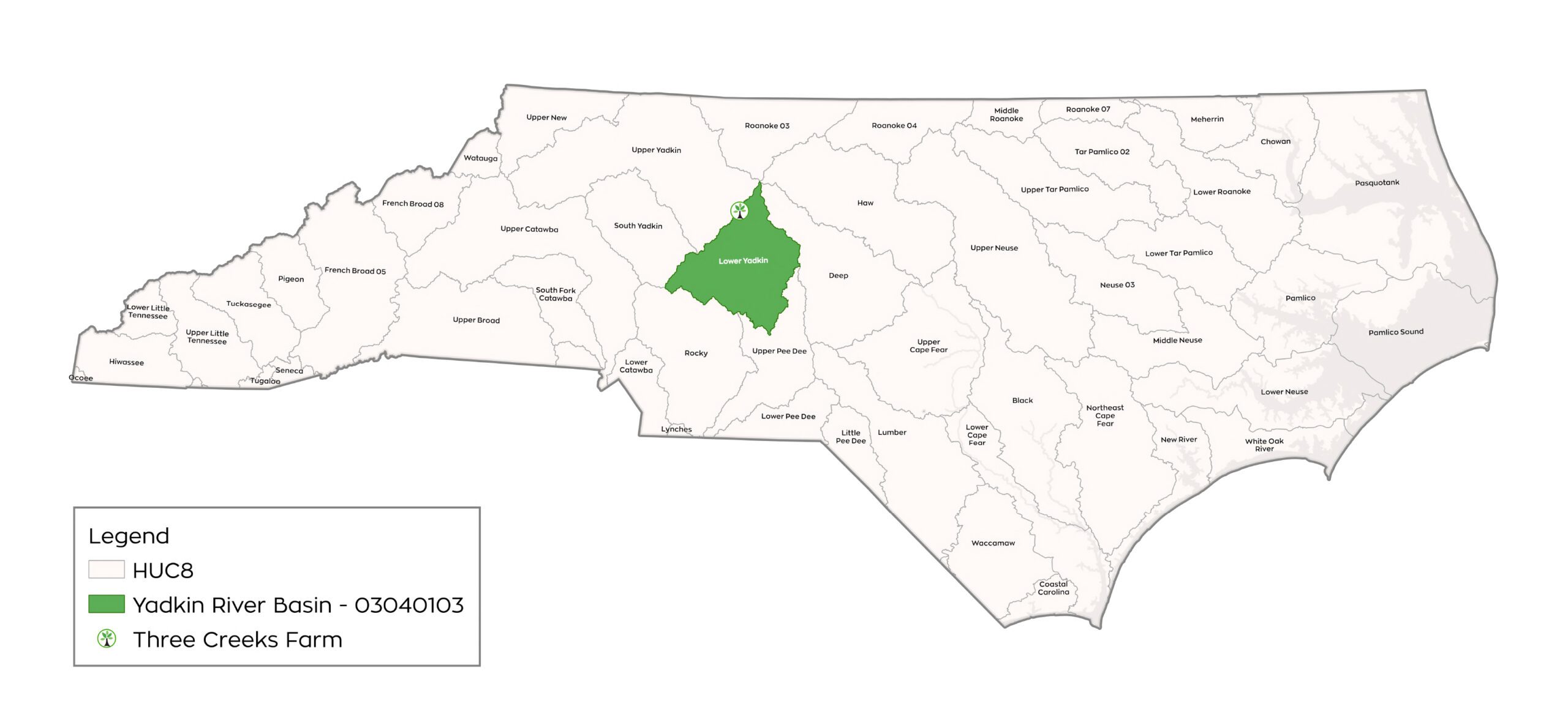 Map of Three Creeks Farm in the Yadkin river basin in North Carolina - map by Eco Terra